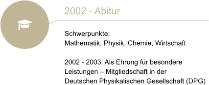 2002 - Abitur  Schwerpunkte:  Mathematik, Physik, Chemie, Wirtschaft  2002 - 2003: Als Ehrung für besondere Leistungen – Mitgliedschaft in der Deutschen Physikalischen Gesellschaft (DPG)